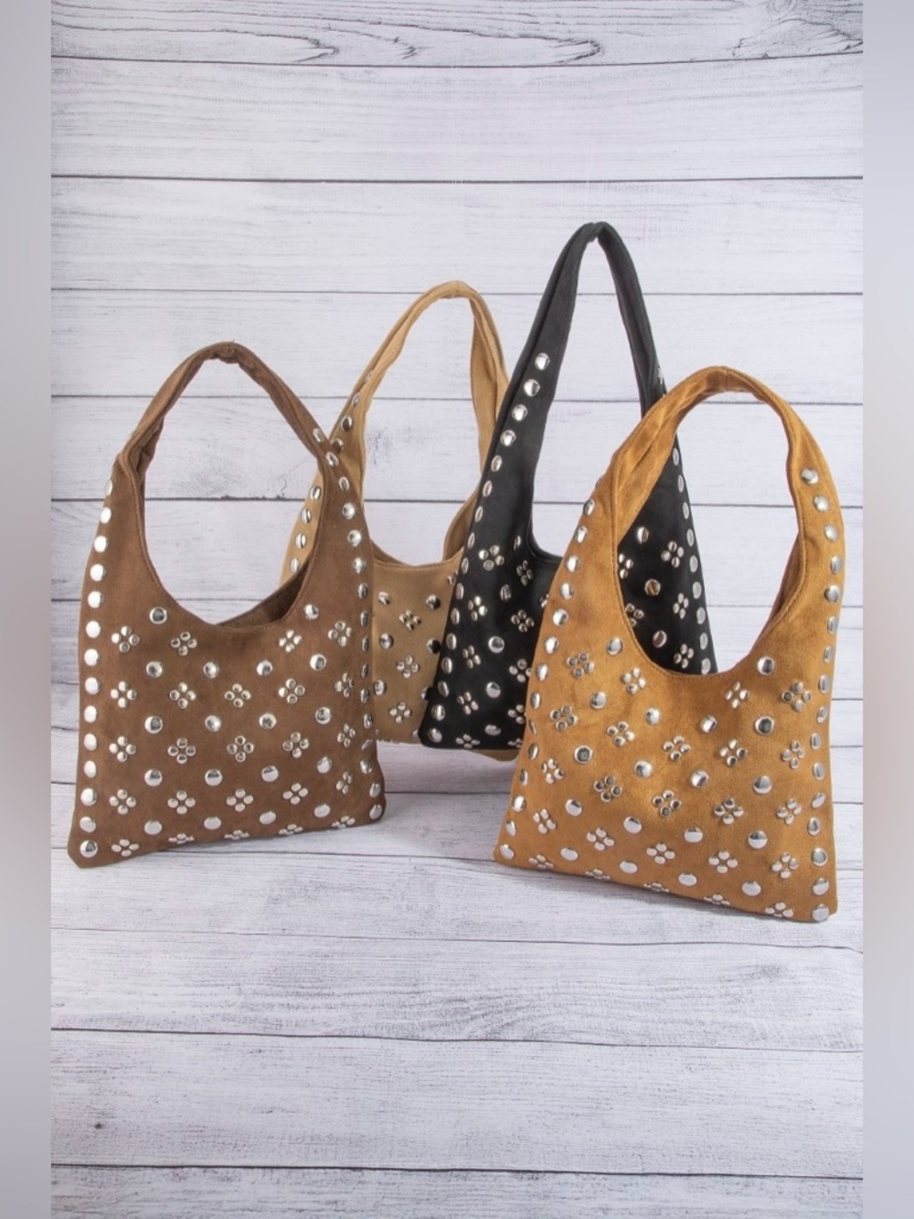 Fame Studded Rivet Hobo Bag Black Shoulder Purse Slouchy Y2K🆕